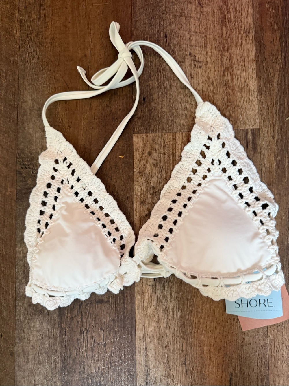 Shade & Shore Ivory Crochet Triangle Bikini Top